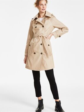 London Fog Beige Women’s Hooded Double-Breasted Trench Coat with Belt